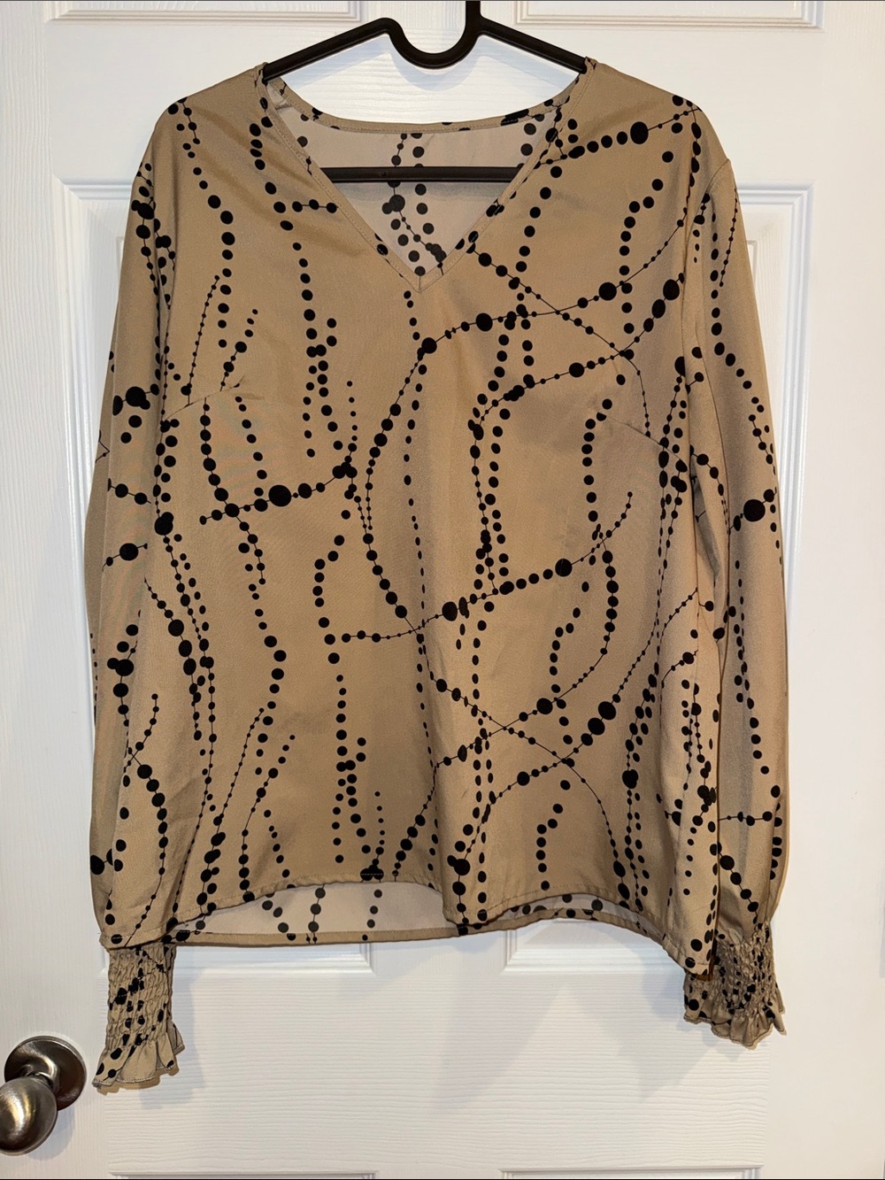 SHEIN Taupe V-Neck Blouse with Black Dot Stream Print